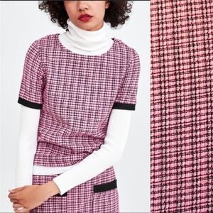 Zara Pink Black Tweed Short-Sleeve Top
